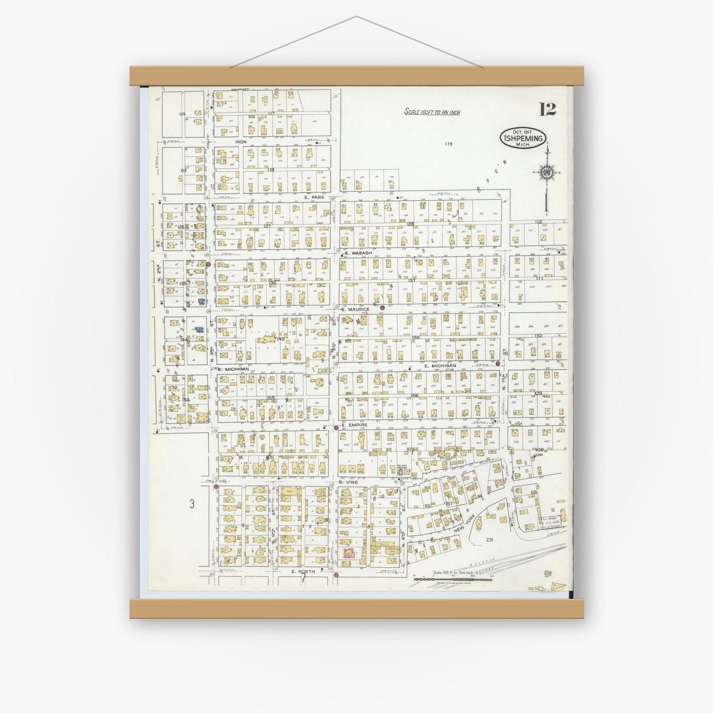 Old map wall art mockup — magnetic wood frame on white wall — Sanborn Fire Insurance Map from Ishpeming, Marquette County, Michigan (1917), Sheet #0012