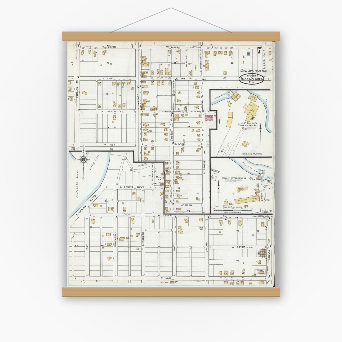 Old map wall art mockup — magnetic wood frame on white wall — Sanborn Fire Insurance Map from Tarpon Springs, Pinellas County, Florida (1919), Sheet #0007