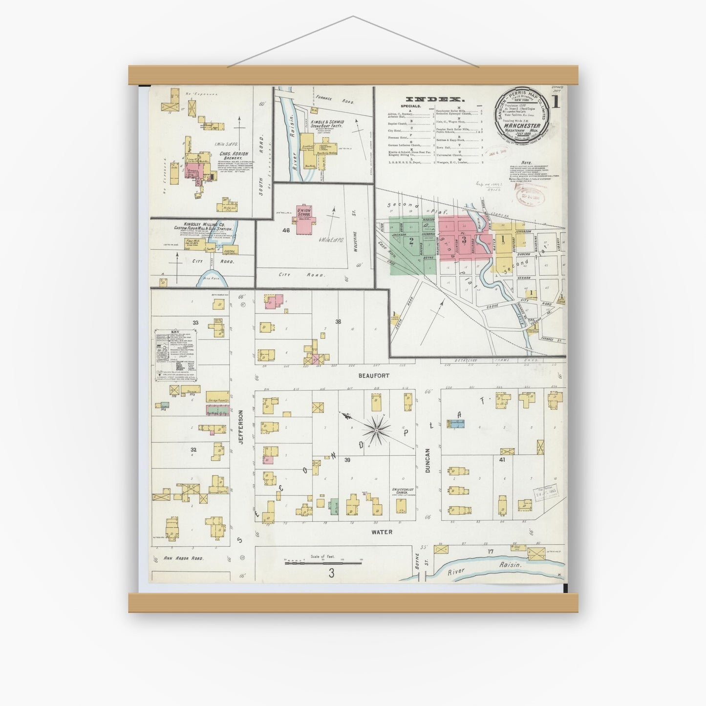 Old map wall art mockup — magnetic wood frame on white wall — Sanborn Fire Insurance Map from Manchester, Washtenaw County, Michigan (1899) - Complete Map Set