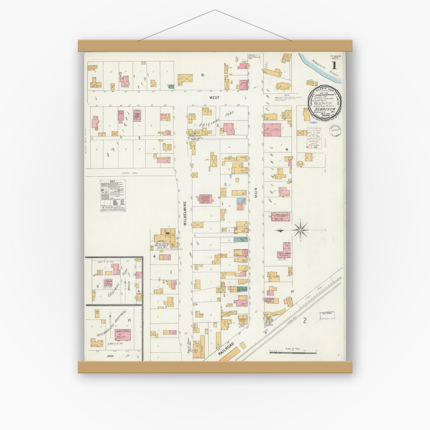 Old map wall art mockup — magnetic wood frame on white wall — Sanborn Fire Insurance Map from Kewaskum, Washington County, Wisconsin (1900), Sheet #0001