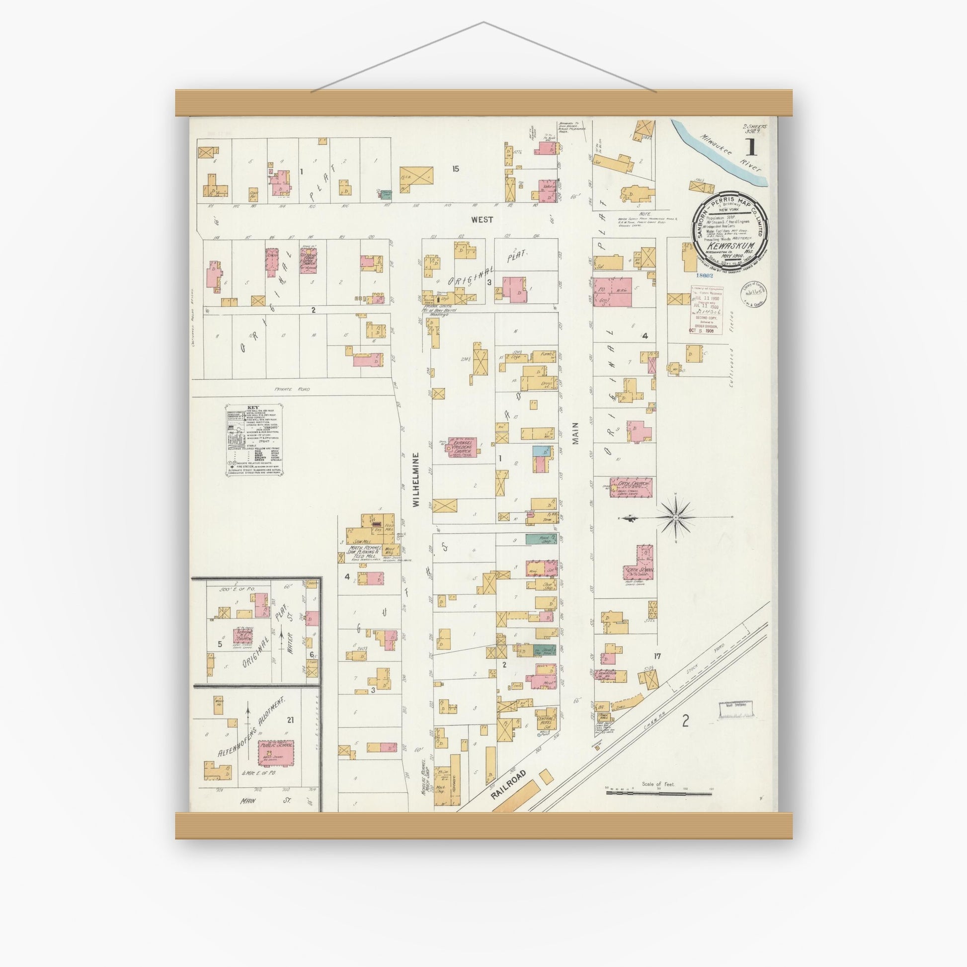 Old map wall art mockup — magnetic wood frame on white wall — Sanborn Fire Insurance Map from Kewaskum, Washington County, Wisconsin (1900), Sheet #0001