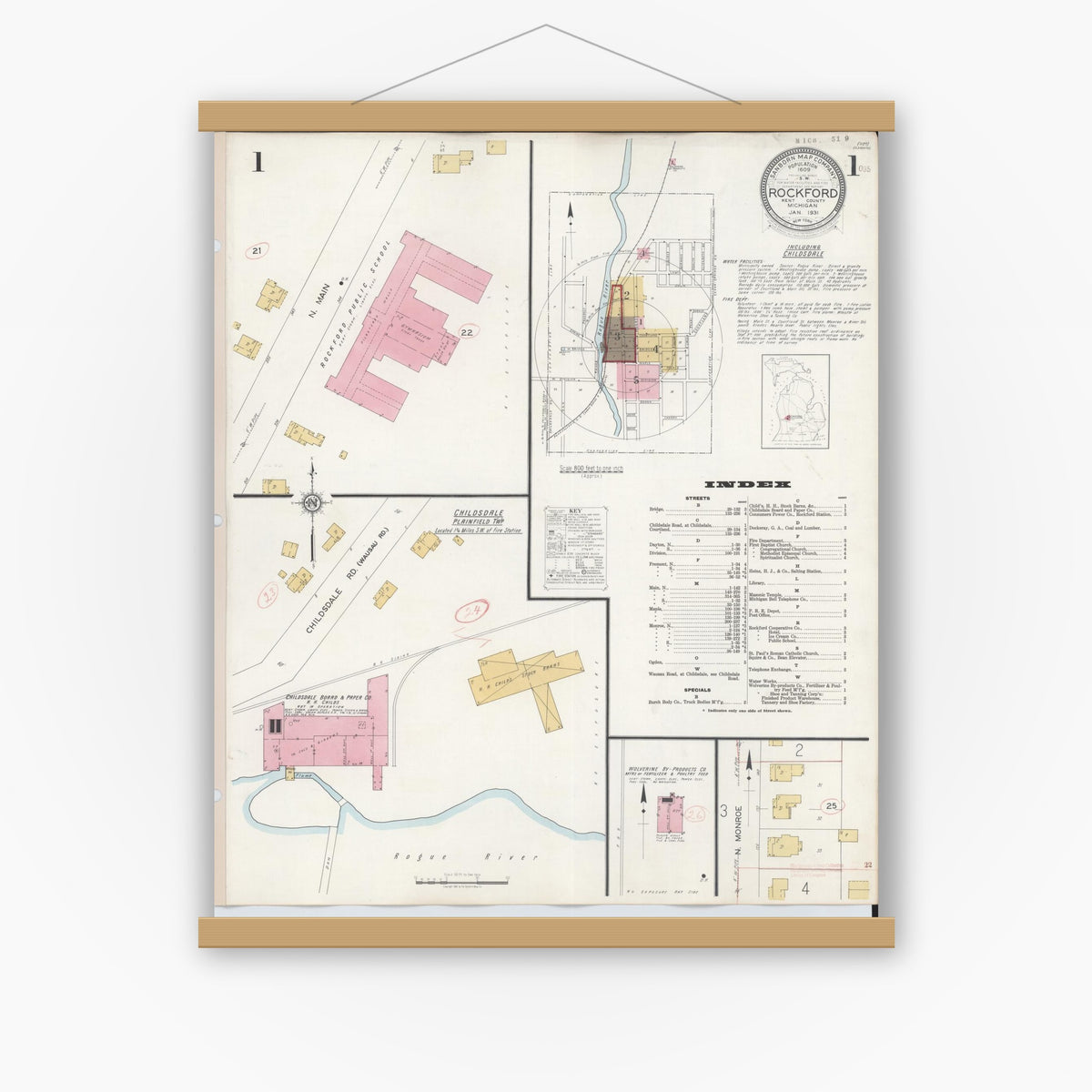 Old map wall art mockup — magnetic wood frame on white wall — Sanborn Fire Insurance Map from Rockford, Kent County, Michigan (1931), Sheet #0001