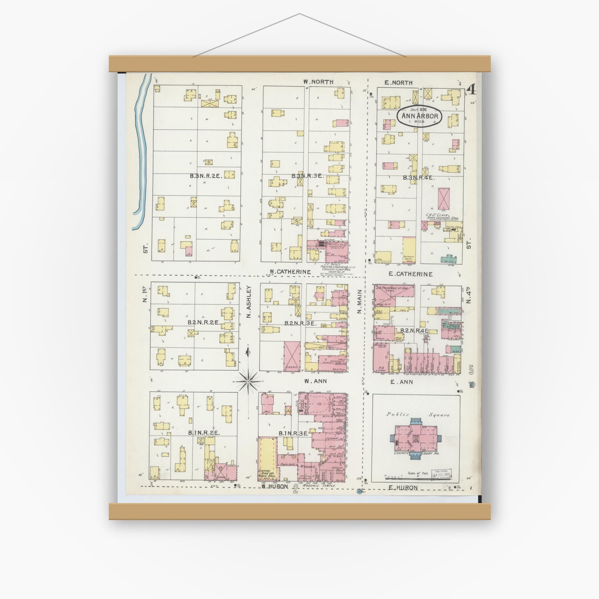 Old map wall art mockup — magnetic wood frame on white wall — Sanborn Fire Insurance Map from Ann Arbor, Washtenaw County, Michigan (1892), Sheet #0004