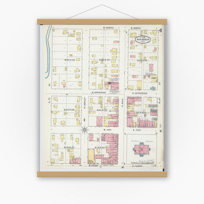 Old map wall art mockup — magnetic wood frame on white wall — Sanborn Fire Insurance Map from Ann Arbor, Washtenaw County, Michigan (1892), Sheet #0004
