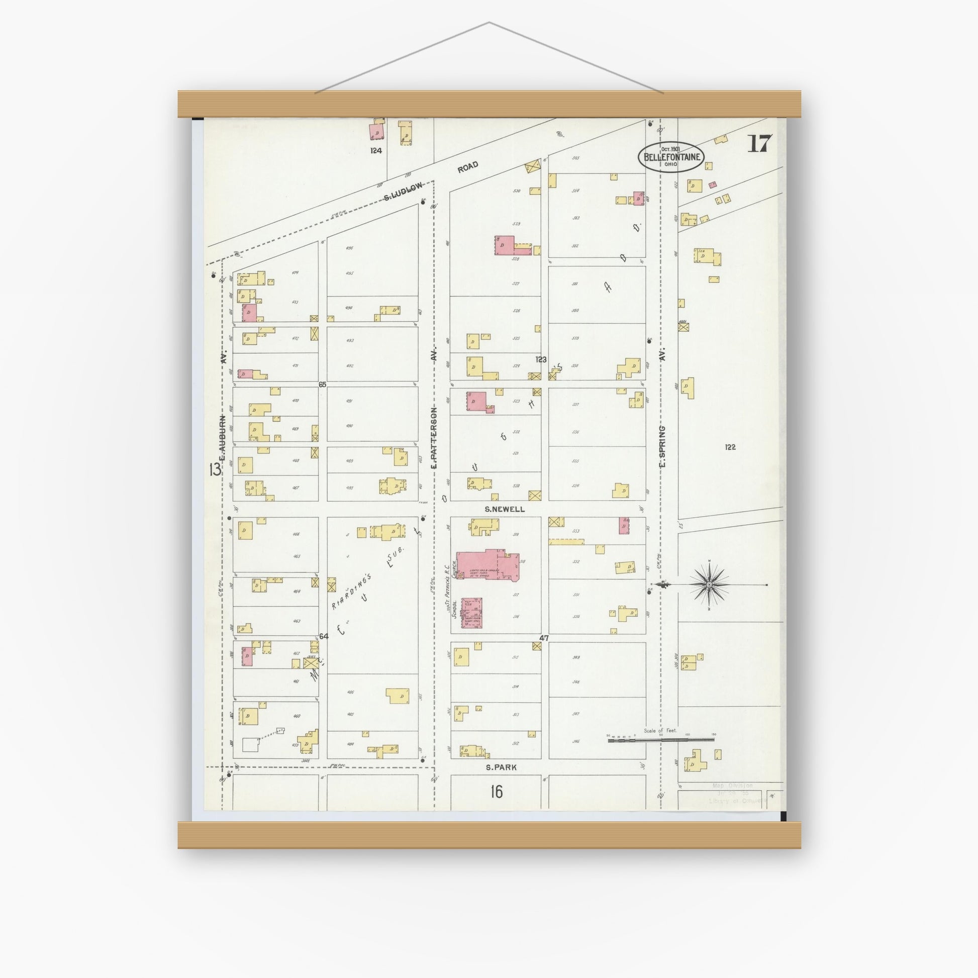Old map wall art mockup — magnetic wood frame on white wall — Sanborn Fire Insurance Map from Bellefontaine, Logan County, Ohio (1901), Sheet #0017