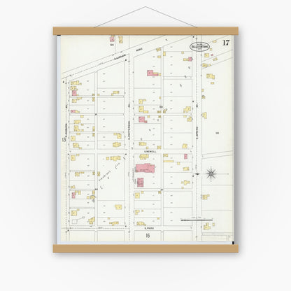 Old map wall art mockup — magnetic wood frame on white wall — Sanborn Fire Insurance Map from Bellefontaine, Logan County, Ohio (1901), Sheet #0017