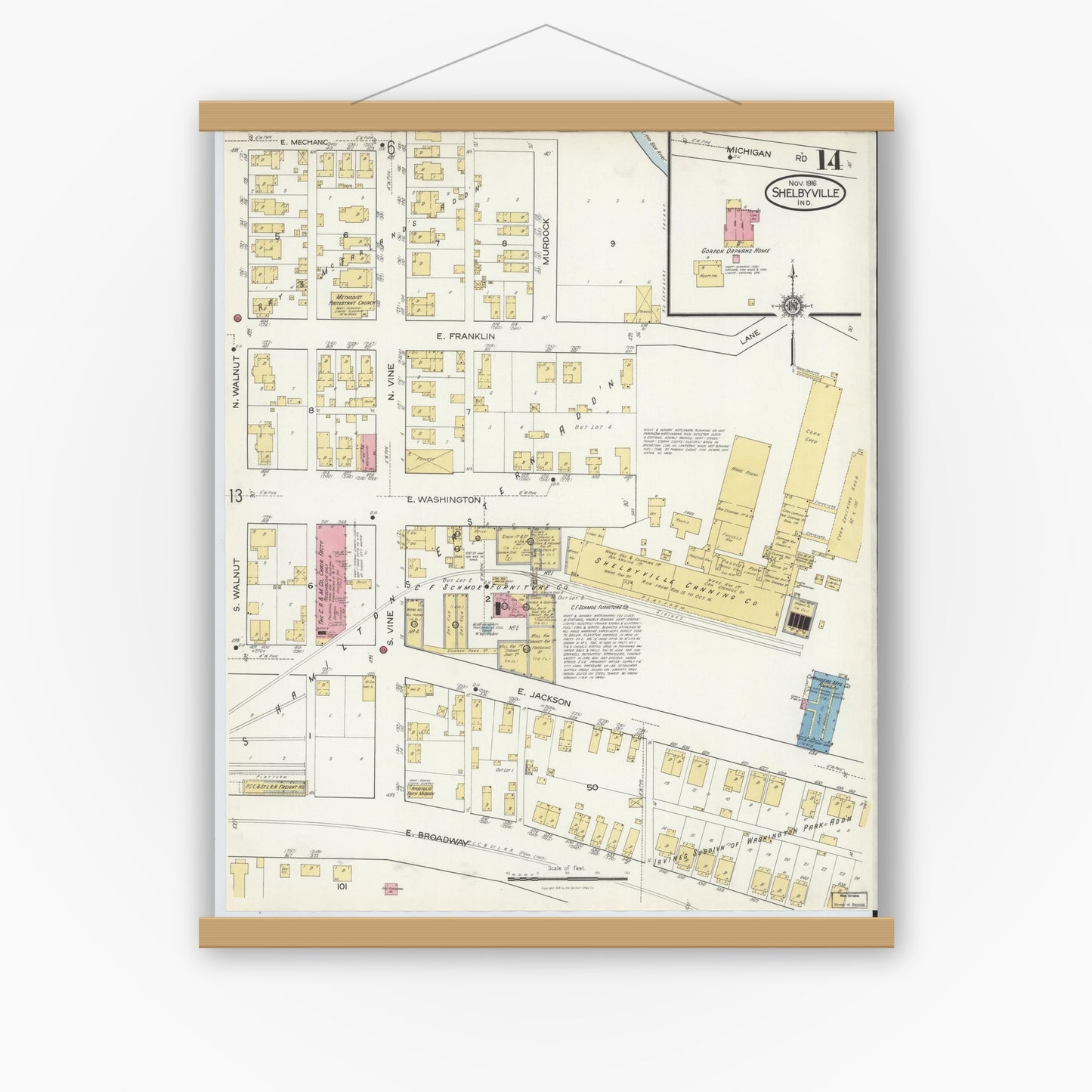 Old map wall art mockup — magnetic wood frame on white wall — Sanborn Fire Insurance Map from Shelbyville, Shelby County, Indiana (1916), Sheet #0014