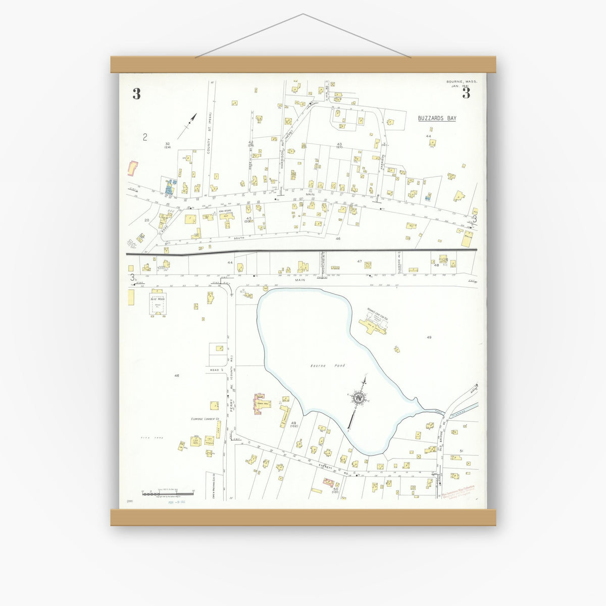 Old map wall art mockup — magnetic wood frame on white wall — Sanborn Fire Insurance Map from Bourne, Barnstable County, Massachusetts (1941), Sheet #0003
