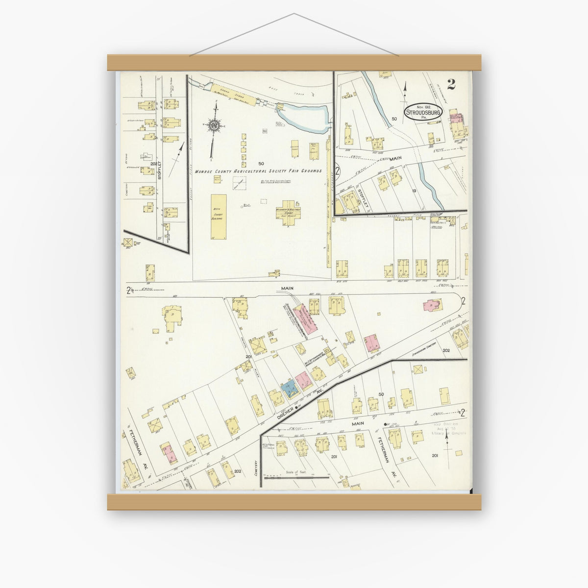 Old map wall art mockup — magnetic wood frame on white wall — Sanborn Fire Insurance Map from Stroudsburg, Monroe County, Pennsylvania (1912), Sheet #0002