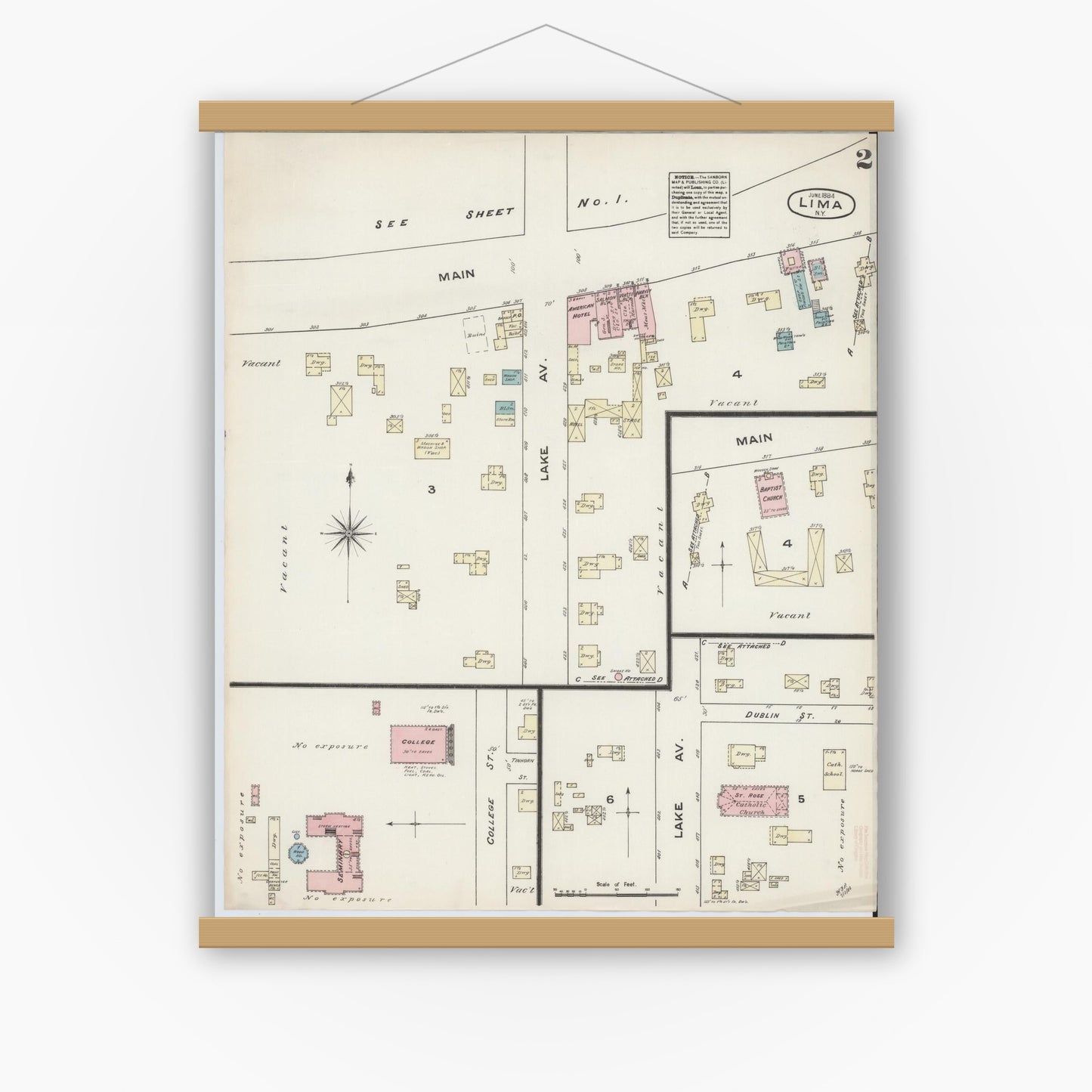 Old map wall art mockup — magnetic wood frame on white wall — Sanborn Fire Insurance Map from Lima, Livingston County, New York (1884), Sheet #0002