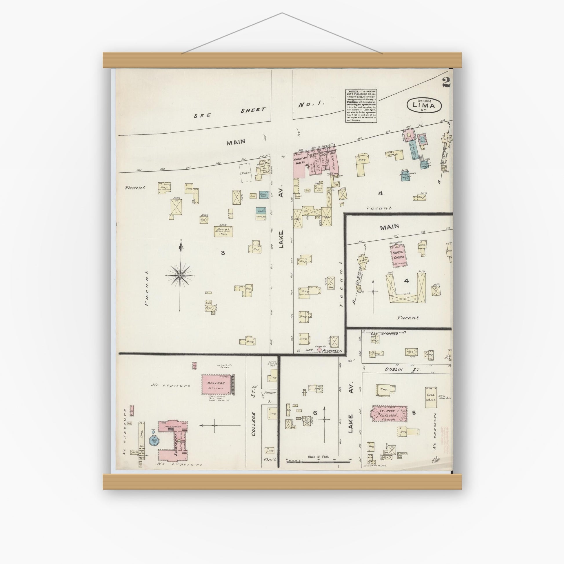 Old map wall art mockup — magnetic wood frame on white wall — Sanborn Fire Insurance Map from Lima, Livingston County, New York (1884), Sheet #0002