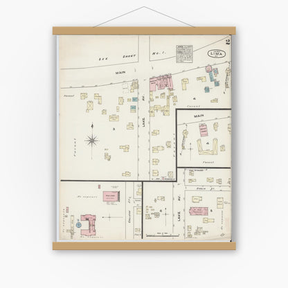 Old map wall art mockup — magnetic wood frame on white wall — Sanborn Fire Insurance Map from Lima, Livingston County, New York (1884), Sheet #0002