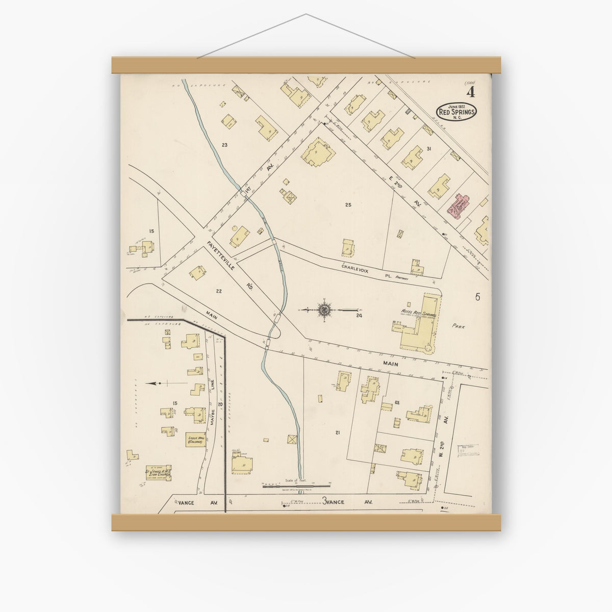 Old map wall art mockup — magnetic wood frame on white wall — Sanborn Fire Insurance Map from Red Springs, Robeson County, North Carolina (1922), Sheet #0004