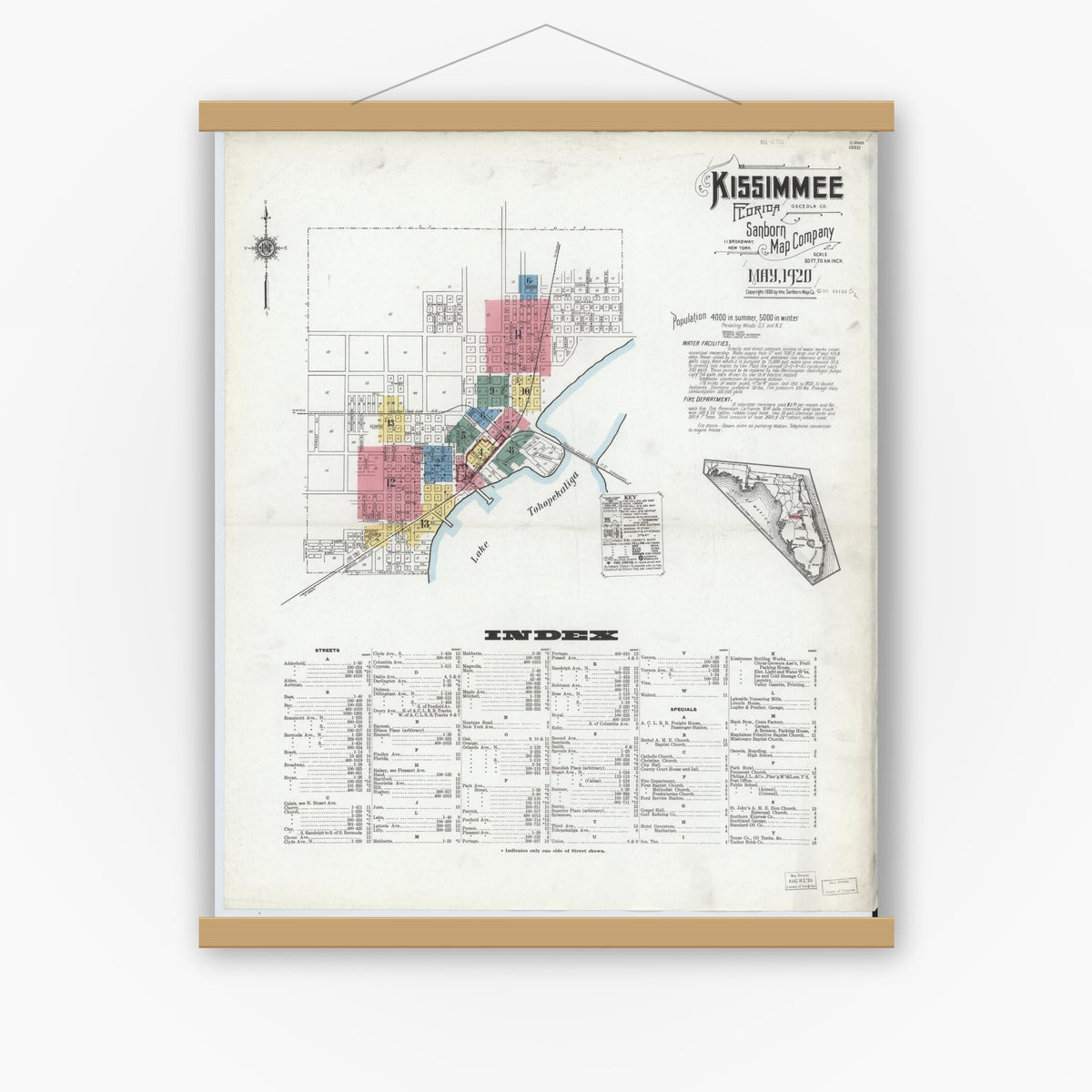 Old map wall art mockup — magnetic wood frame on white wall — Sanborn Fire Insurance Map from Kissimmee, Osceola County, Florida (1920) - Complete Map Set