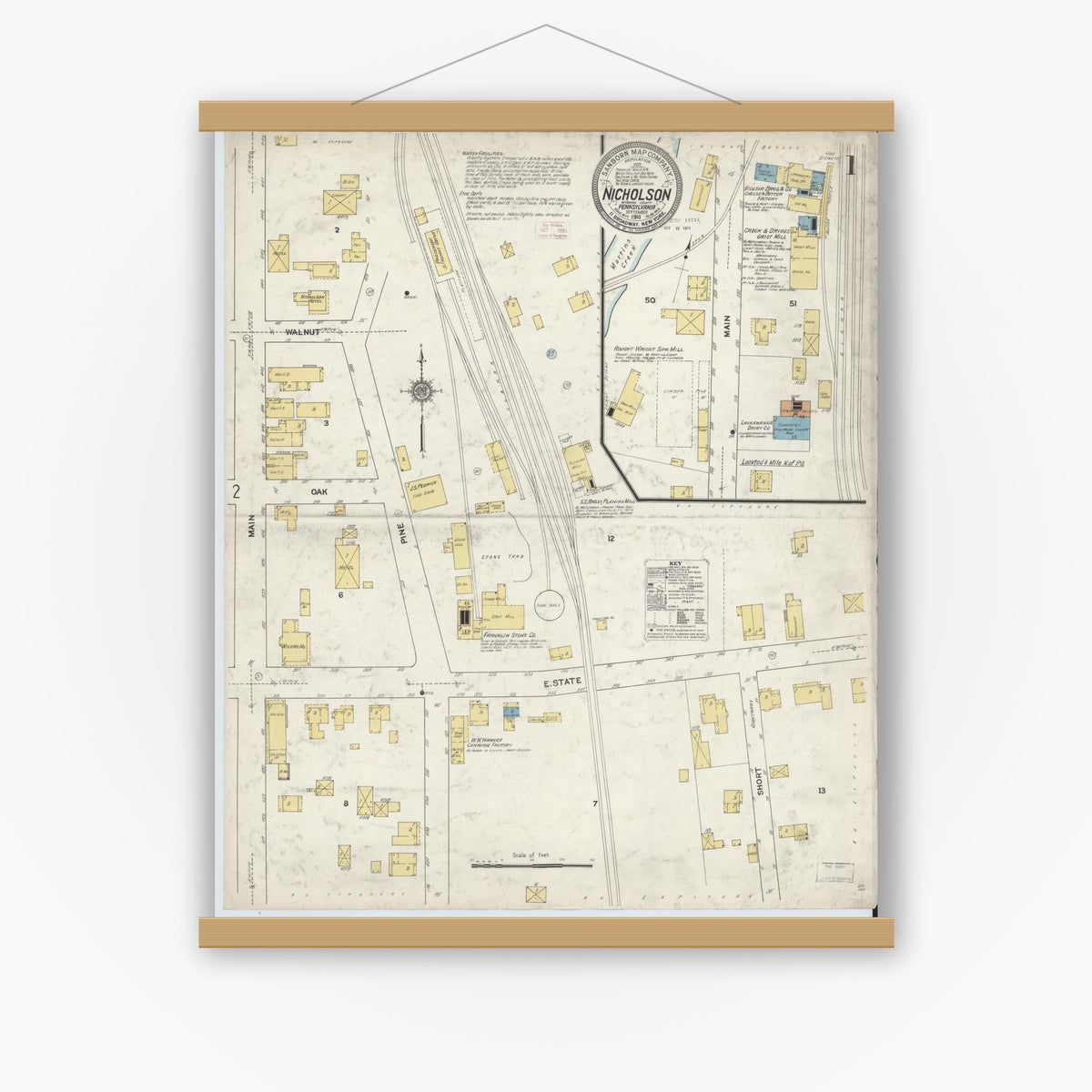 Old map wall art mockup — magnetic wood frame on white wall — Sanborn Fire Insurance Map from Nicholson, Wyoming County, Pennsylvania (1911) - Complete Map Set