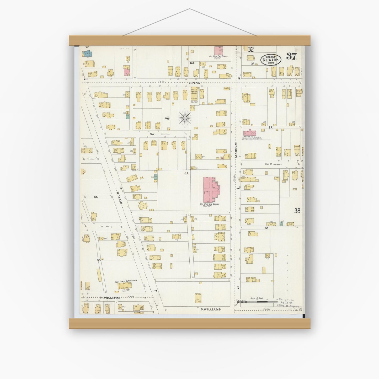 Old map wall art mockup — magnetic wood frame on white wall — Sanborn Fire Insurance Map from Newark, Licking County, Ohio (1905), Sheet #0037