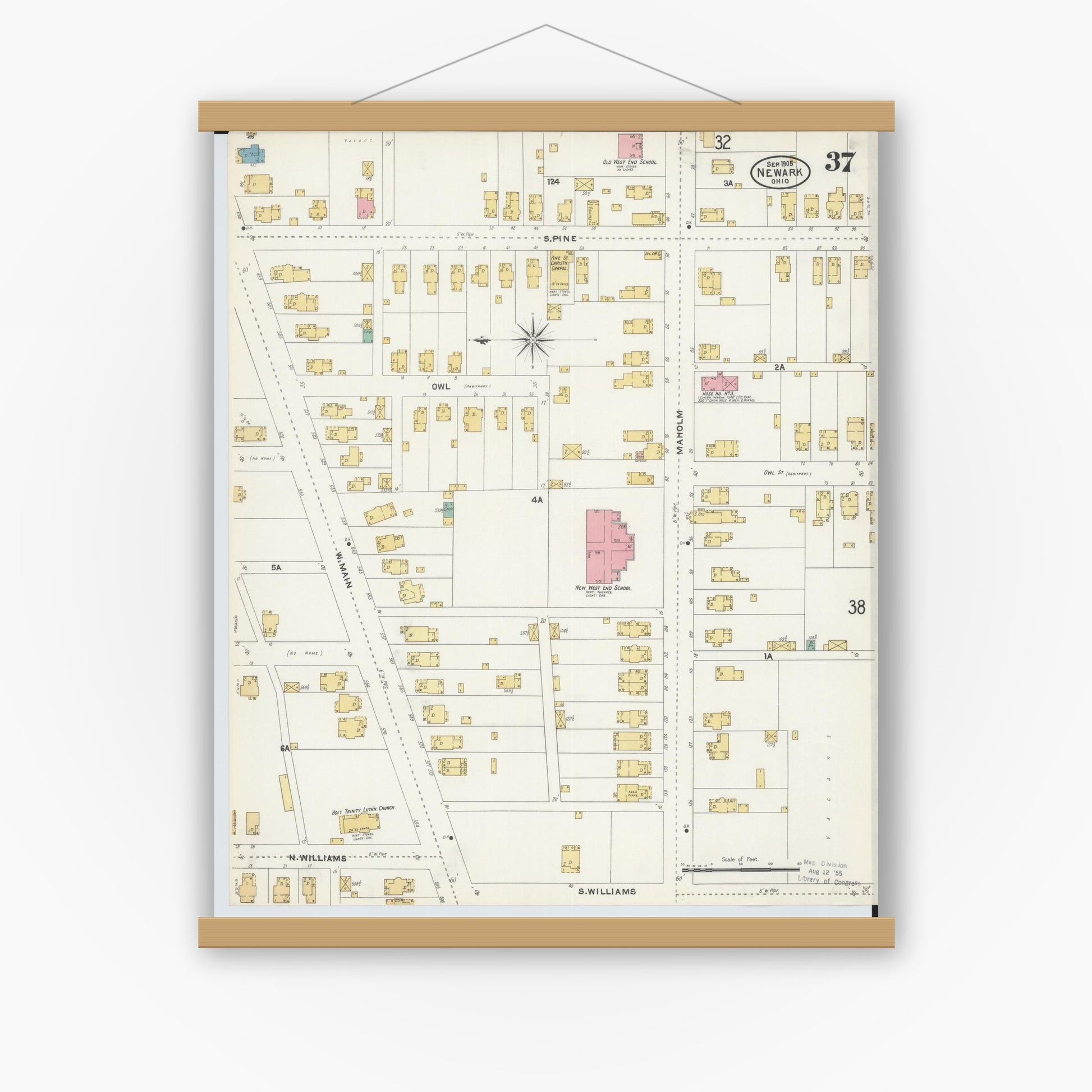 Old map wall art mockup — magnetic wood frame on white wall — Sanborn Fire Insurance Map from Newark, Licking County, Ohio (1905), Sheet #0037