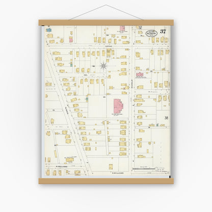 Old map wall art mockup — magnetic wood frame on white wall — Sanborn Fire Insurance Map from Newark, Licking County, Ohio (1905), Sheet #0037