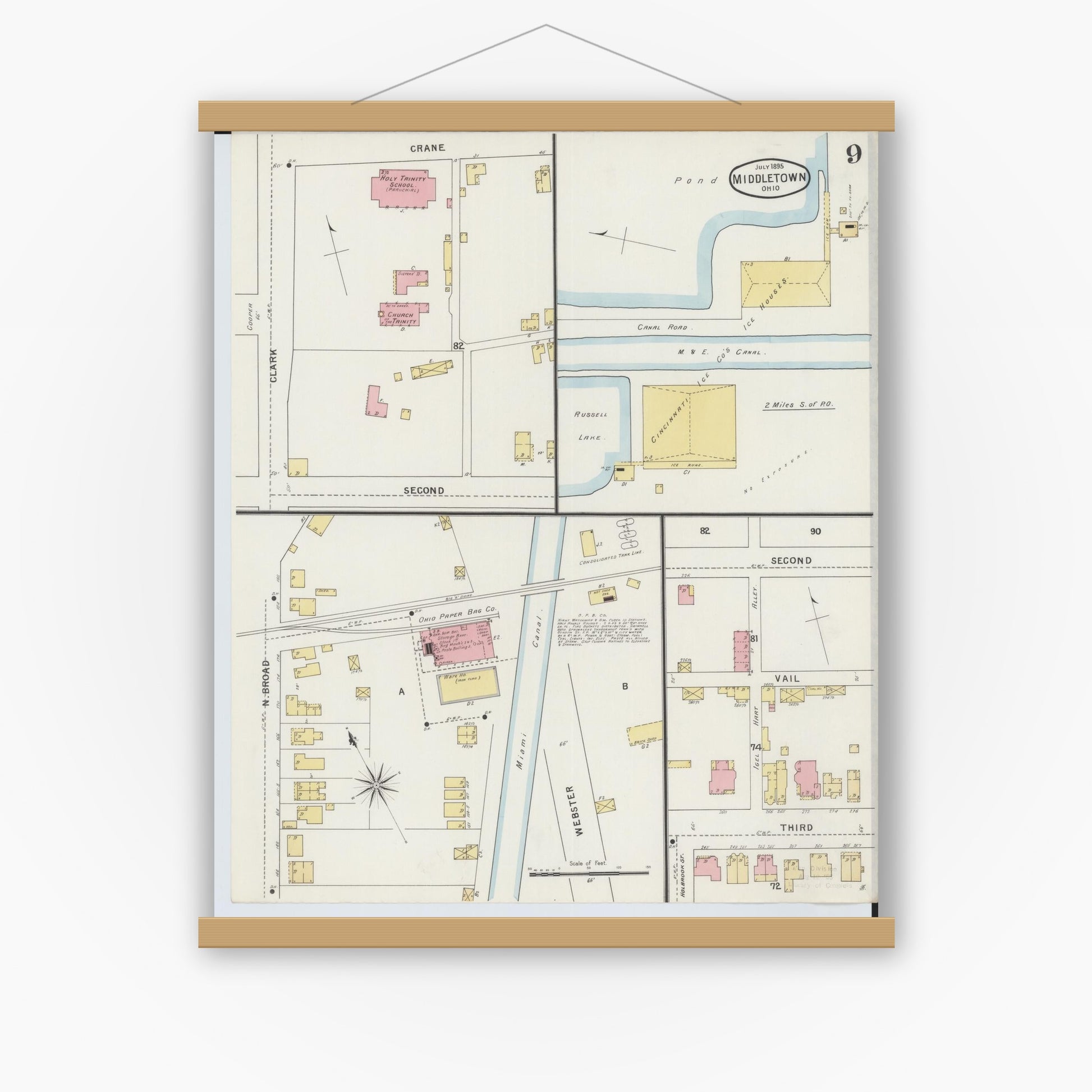 Old map wall art mockup — magnetic wood frame on white wall — Sanborn Fire Insurance Map from Middletown, Butler County, Ohio (1895), Sheet #0009