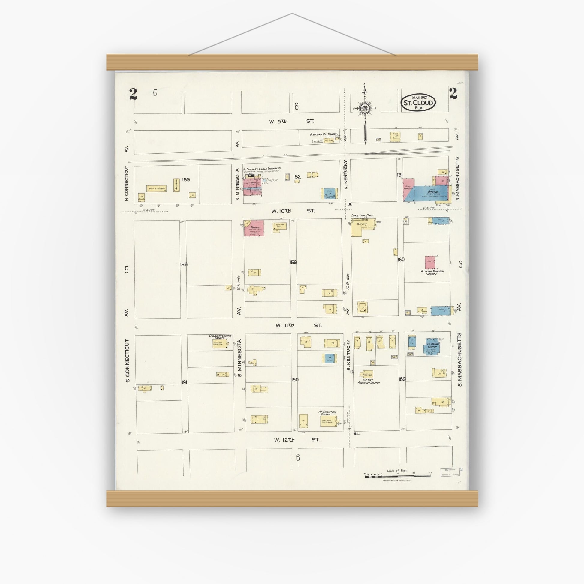 Old map wall art mockup — magnetic wood frame on white wall — Sanborn Fire Insurance Map from Saint Cloud, Osceola County, Florida (1924), Sheet #0002