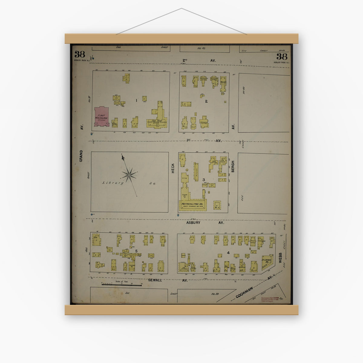 Old map wall art mockup — magnetic wood frame on white wall — Sanborn Fire Insurance Map from New Jersey Coast, New Jersey Coast, New Jersey (1890), Sheet #0038