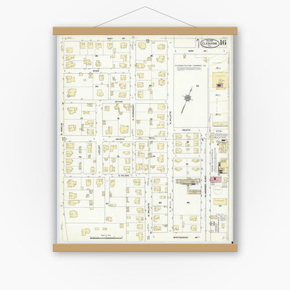 Old map wall art mockup — magnetic wood frame on white wall — Sanborn Fire Insurance Map from Cleburne, Johnson County, Texas (1910), Sheet #0016