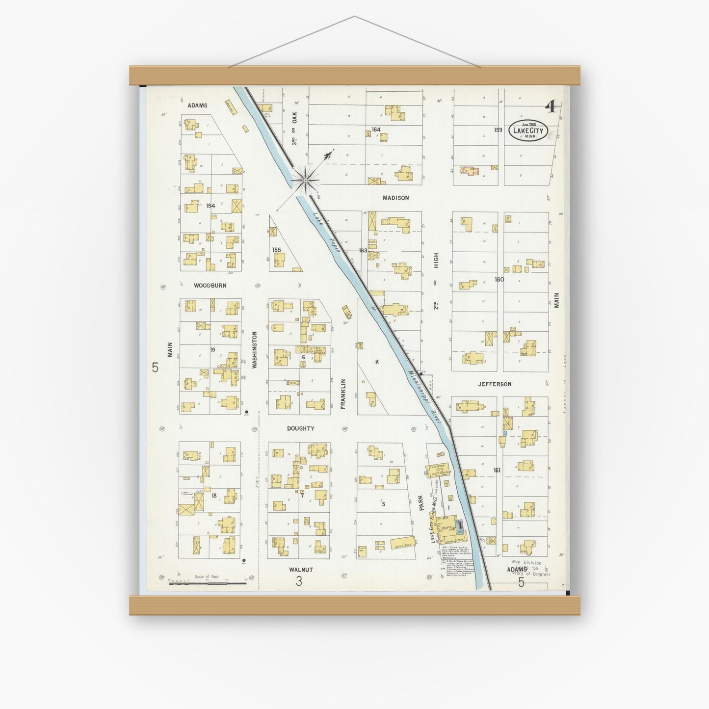Old map wall art mockup — magnetic wood frame on white wall — Sanborn Fire Insurance Map from Lake City, Wabasha County, Minnesota (1900), Sheet #0004