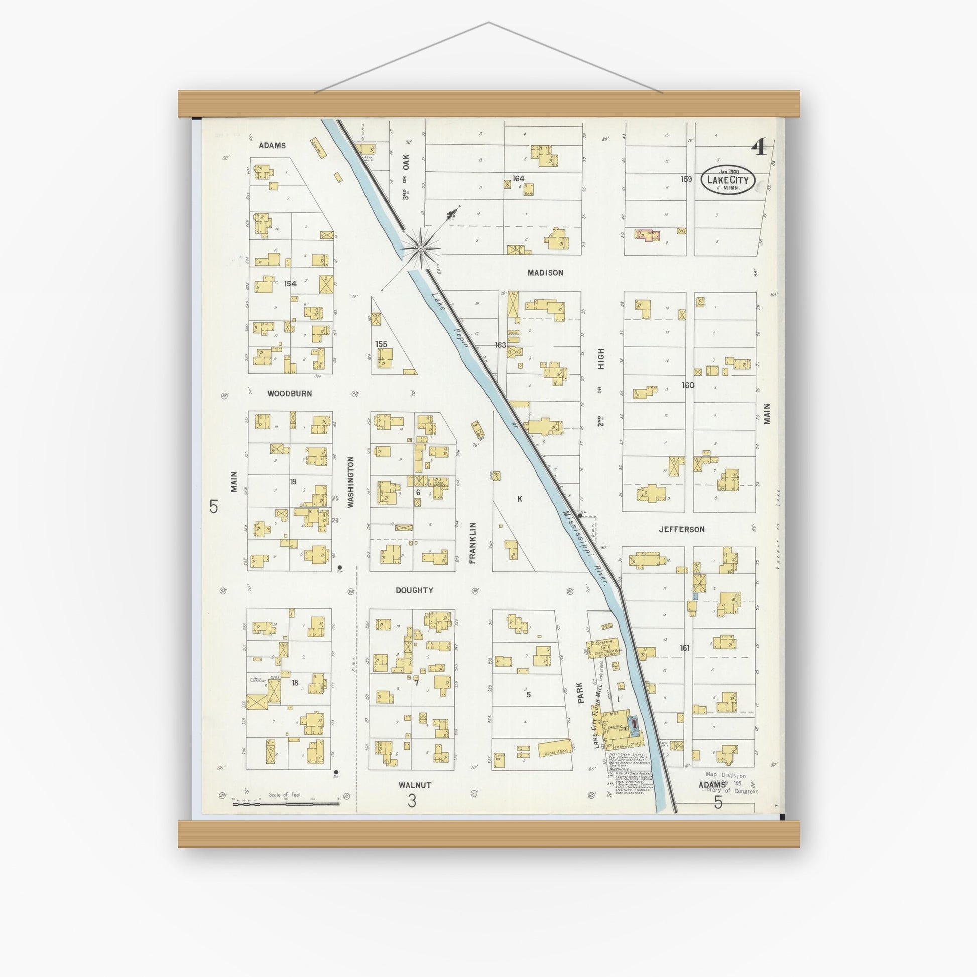 Old map wall art mockup — magnetic wood frame on white wall — Sanborn Fire Insurance Map from Lake City, Wabasha County, Minnesota (1900), Sheet #0004