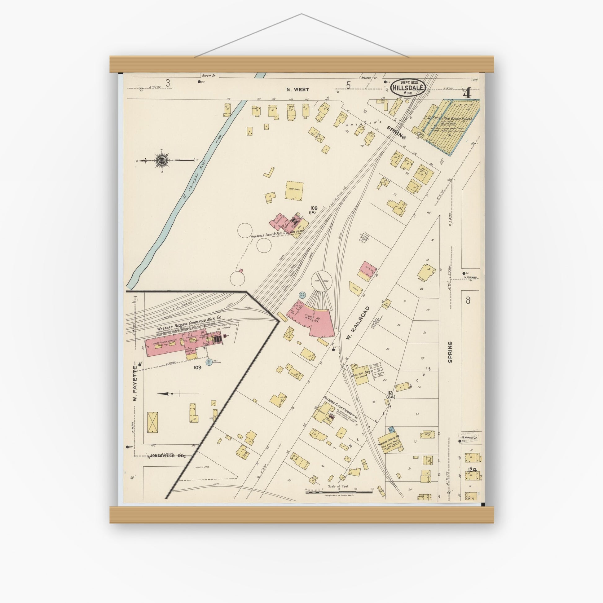 Old map wall art mockup — magnetic wood frame on white wall — Sanborn Fire Insurance Map from Hillsdale, Hillsdale County, Michigan (1922), Sheet #0004