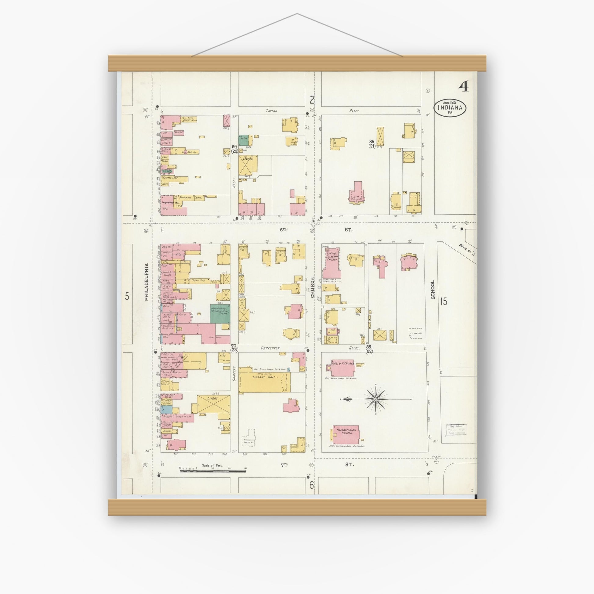 Old map wall art mockup — magnetic wood frame on white wall — Sanborn Fire Insurance Map from Indiana, Indiana County, Pennsylvania (1903), Sheet #0004