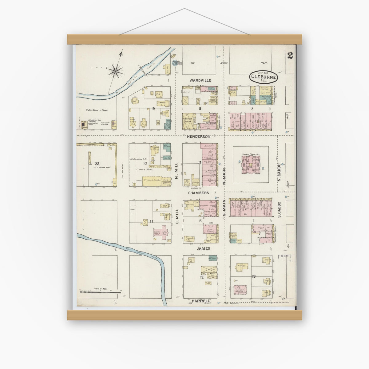 Old map wall art mockup — magnetic wood frame on white wall — Sanborn Fire Insurance Map from Cleburne, Johnson County, Texas (1888), Sheet #0002