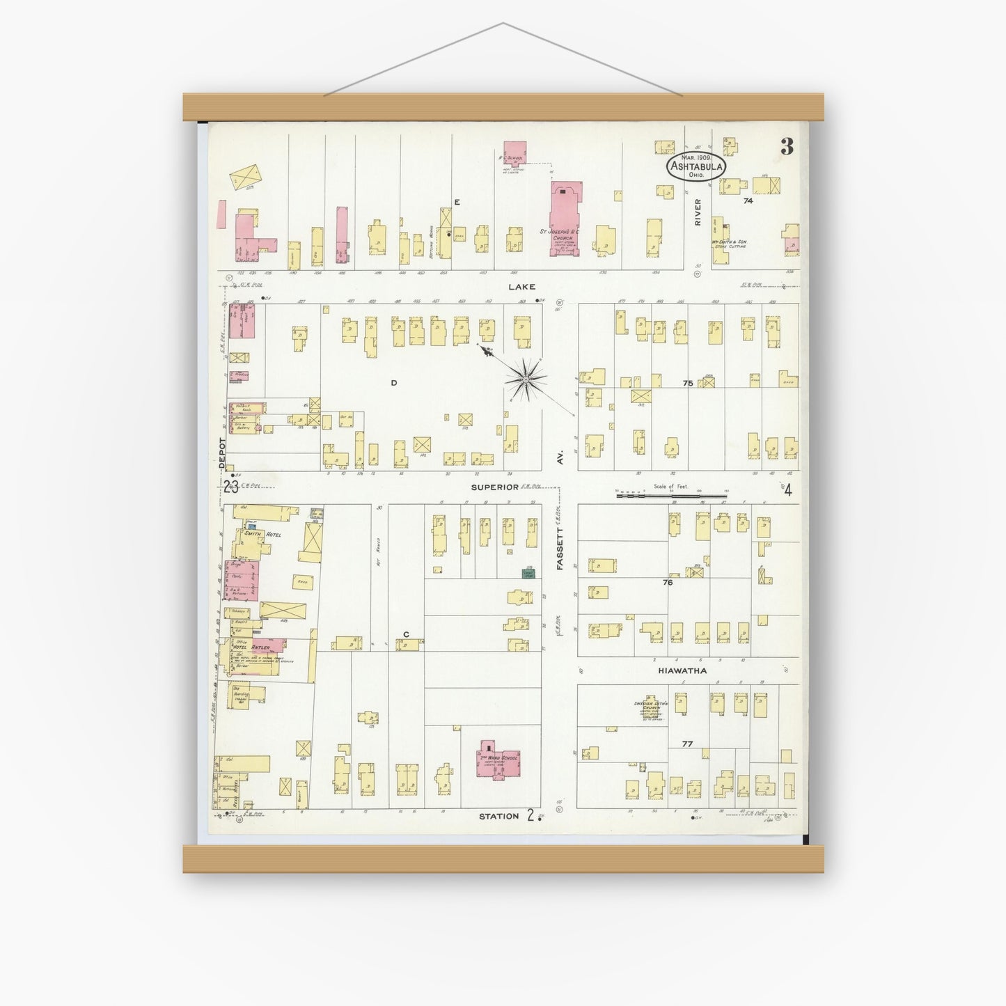 Old map wall art mockup — magnetic wood frame on white wall — Sanborn Fire Insurance Map from Ashtabula, Ashtabula County, Ohio (1909), Sheet #0003