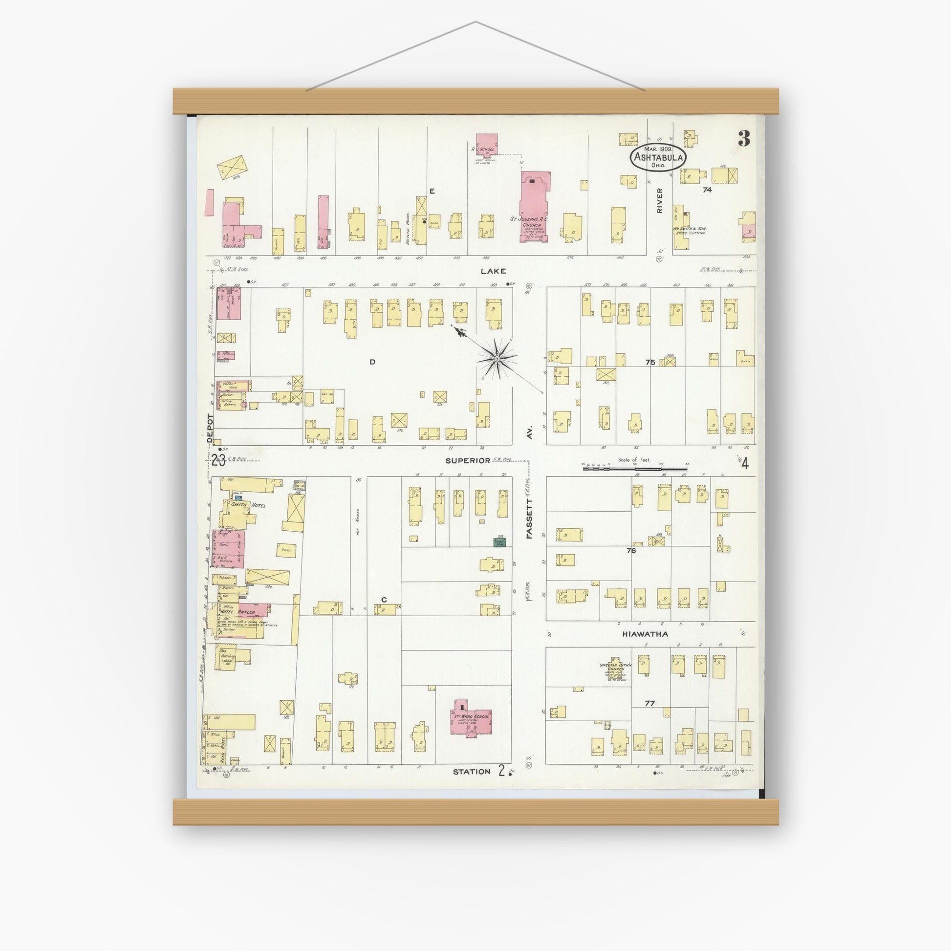 Old map wall art mockup — magnetic wood frame on white wall — Sanborn Fire Insurance Map from Ashtabula, Ashtabula County, Ohio (1909), Sheet #0003