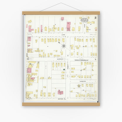 Old map wall art mockup — magnetic wood frame on white wall — Sanborn Fire Insurance Map from Ashtabula, Ashtabula County, Ohio (1909), Sheet #0003