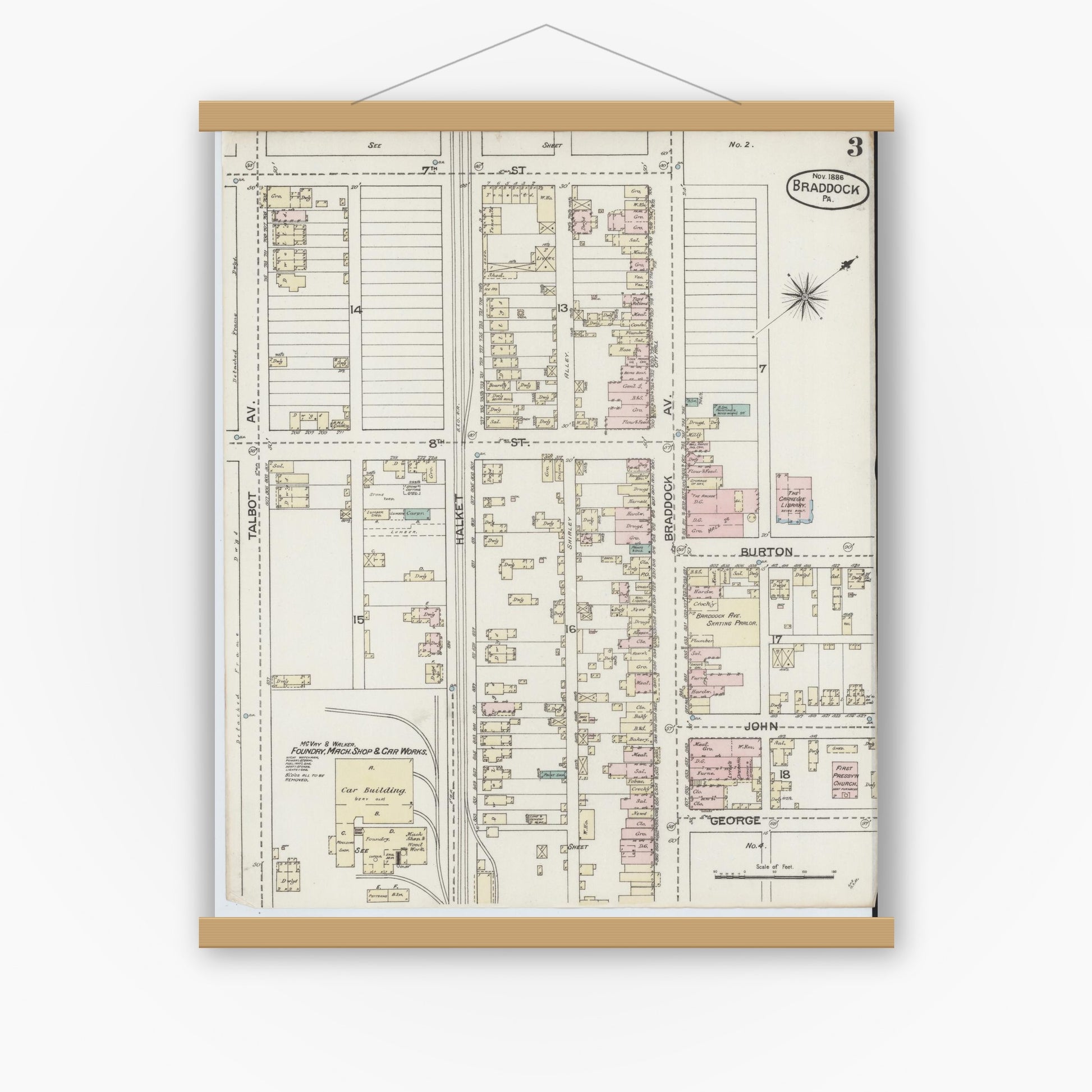 Old map wall art mockup — magnetic wood frame on white wall — Sanborn Fire Insurance Map from Braddock, Allegheny County, Pennsylvania (1886), Sheet #0003