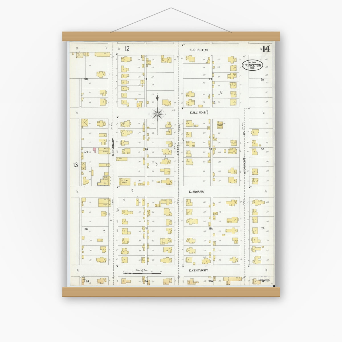 Old map wall art mockup — magnetic wood frame on white wall — Sanborn Fire Insurance Map from Princeton, Gibson County, Indiana (1900), Sheet #0014