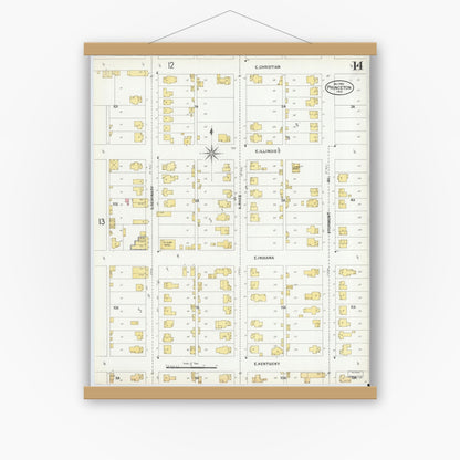 Old map wall art mockup — magnetic wood frame on white wall — Sanborn Fire Insurance Map from Princeton, Gibson County, Indiana (1900), Sheet #0014