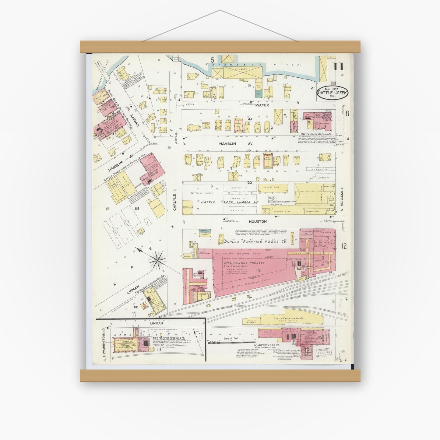 Old map wall art mockup — magnetic wood frame on white wall — Sanborn Fire Insurance Map from Battle Creek, Calhoun County, Michigan (1907), Sheet #0011