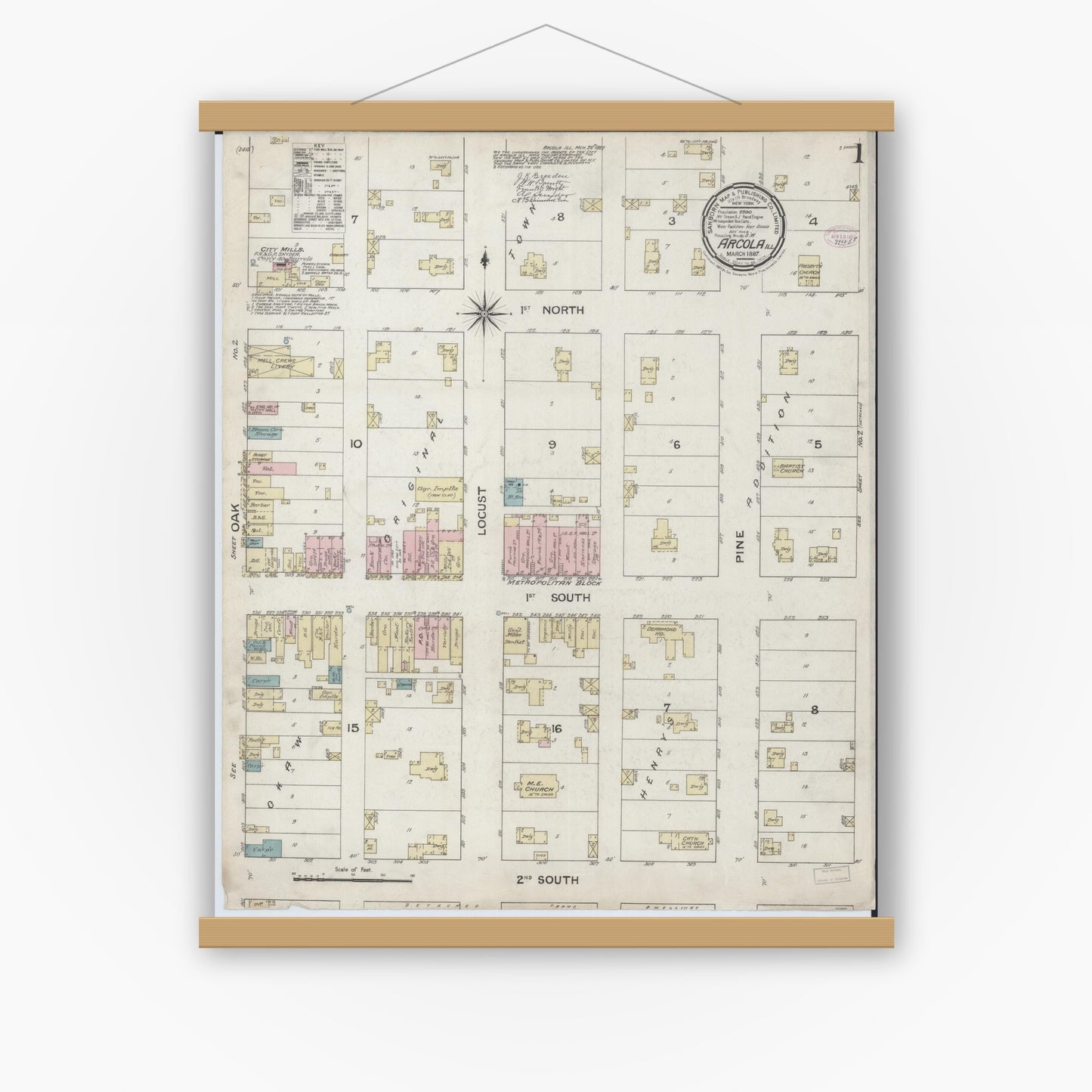 Old map wall art mockup — magnetic wood frame on white wall — Sanborn Fire Insurance Map from Arcola, Douglas County, Illinois (1887) - Complete Map Set