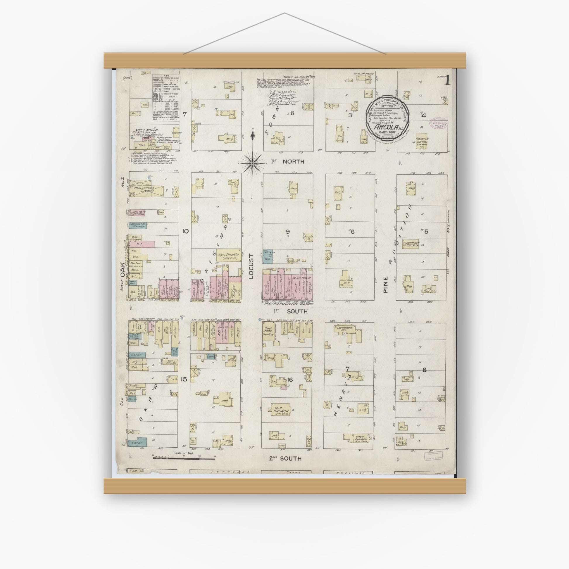 Old map wall art mockup — magnetic wood frame on white wall — Sanborn Fire Insurance Map from Arcola, Douglas County, Illinois (1887) - Complete Map Set