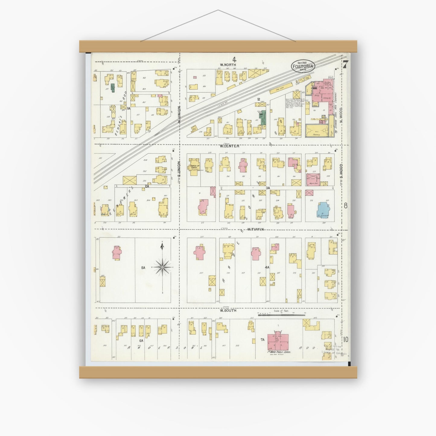 Old map wall art mockup — magnetic wood frame on white wall — Sanborn Fire Insurance Map from Fostoria, Seneca, Hancock, And Wood Counties, Ohio (1901), Sheet #0007