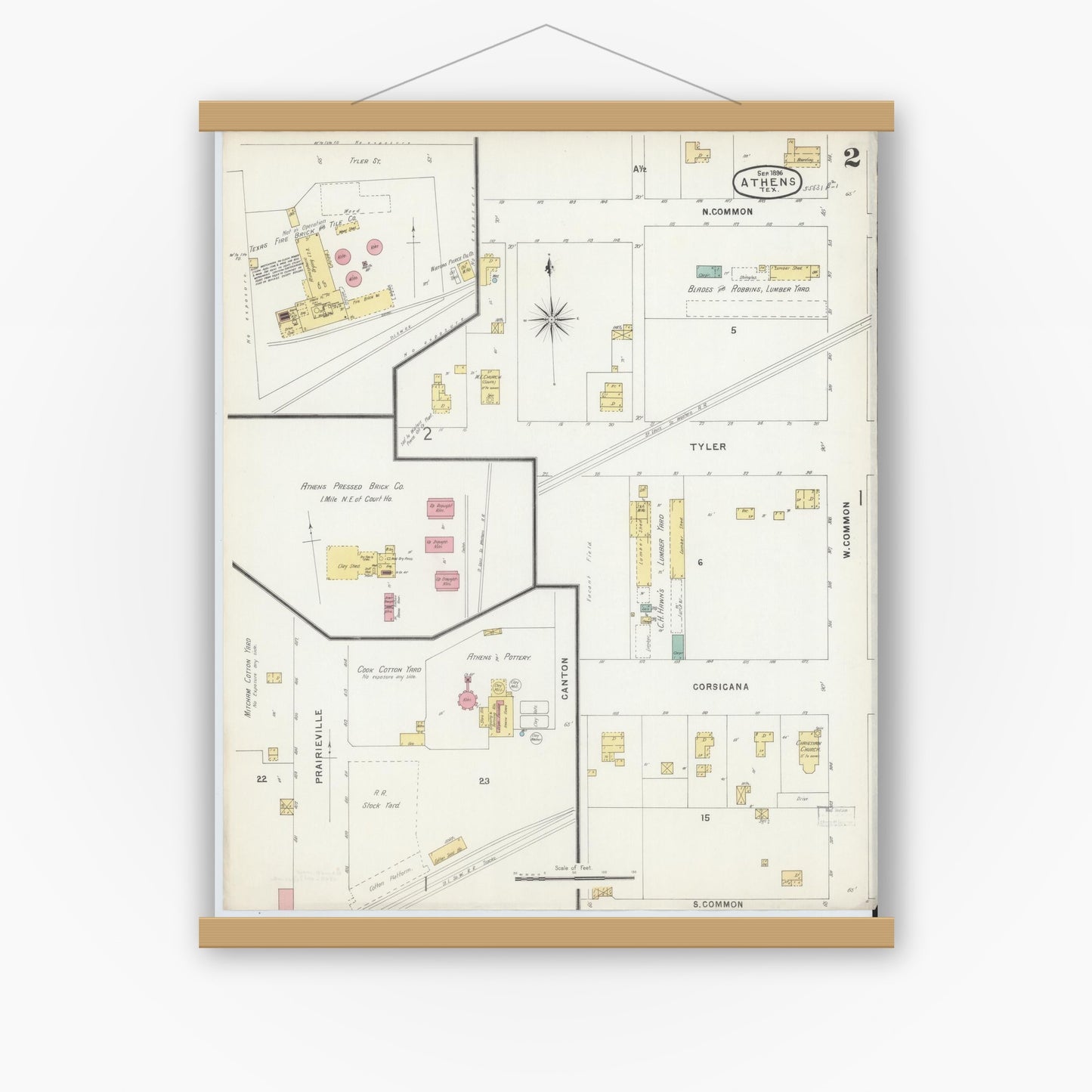 Old map wall art mockup — magnetic wood frame on white wall — Sanborn Fire Insurance Map from Athens, Henderson County, Texas (1896), Sheet #0002