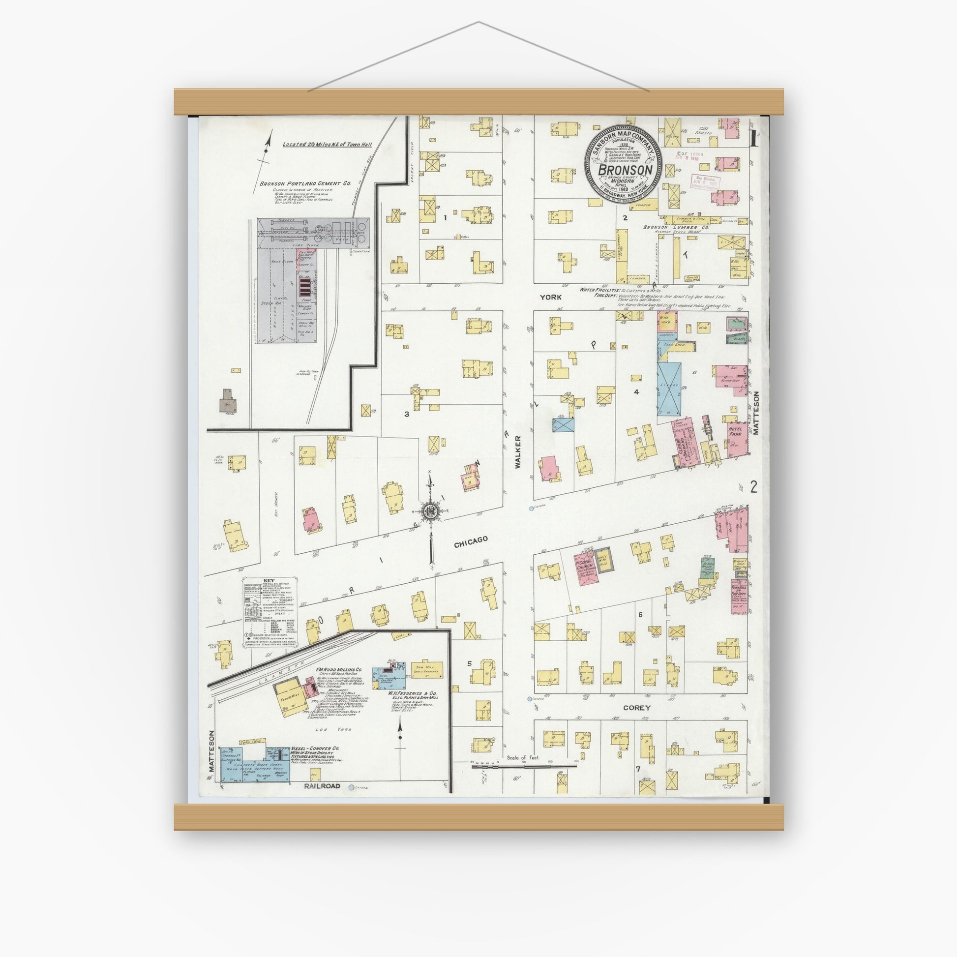 Old map wall art mockup — magnetic wood frame on white wall — Sanborn Fire Insurance Map from Bronson, Branch  County, Michigan (1910), Sheet #0001