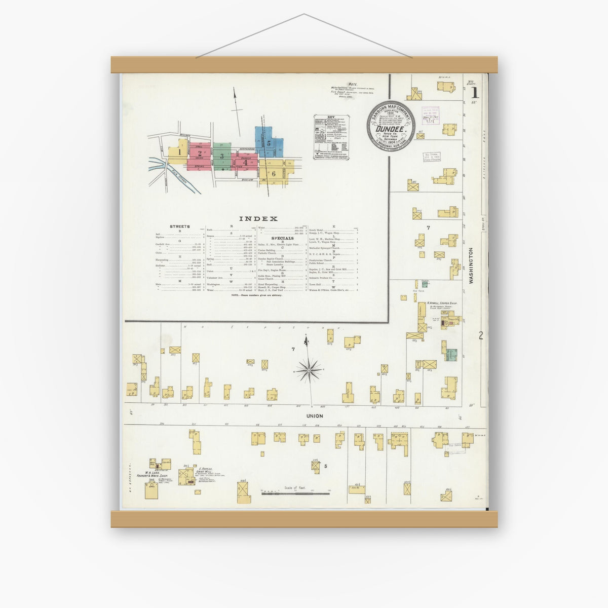 Old map wall art mockup — magnetic wood frame on white wall — Sanborn Fire Insurance Map from Dundee, Yates County, New York (1904), Sheet #0001