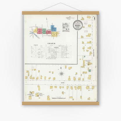 Old map wall art mockup — magnetic wood frame on white wall — Sanborn Fire Insurance Map from Dundee, Yates County, New York (1904), Sheet #0001