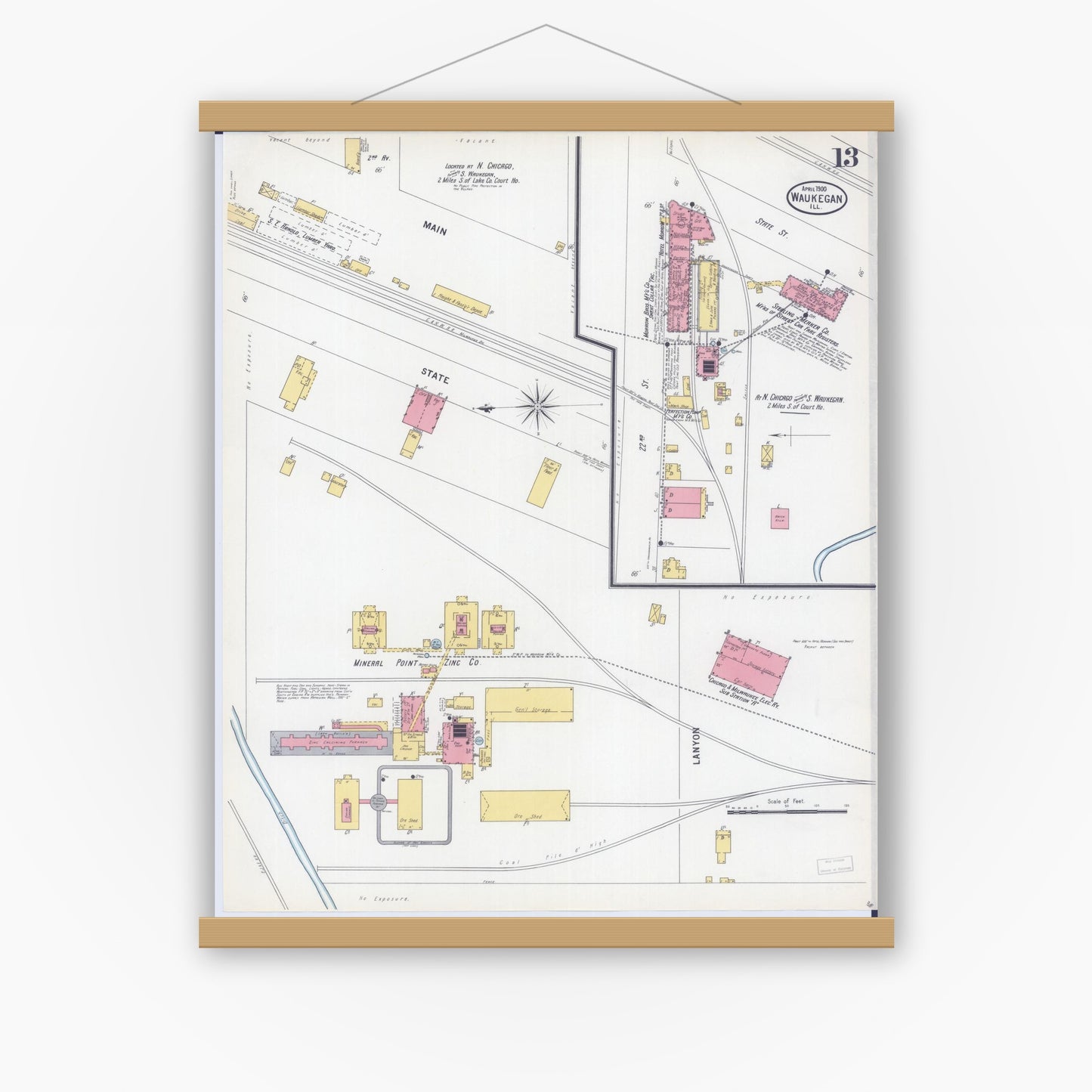 Old map wall art mockup — magnetic wood frame on white wall — Sanborn Fire Insurance Map from Waukegan, Lake County, Illinois (1900), Sheet #0013