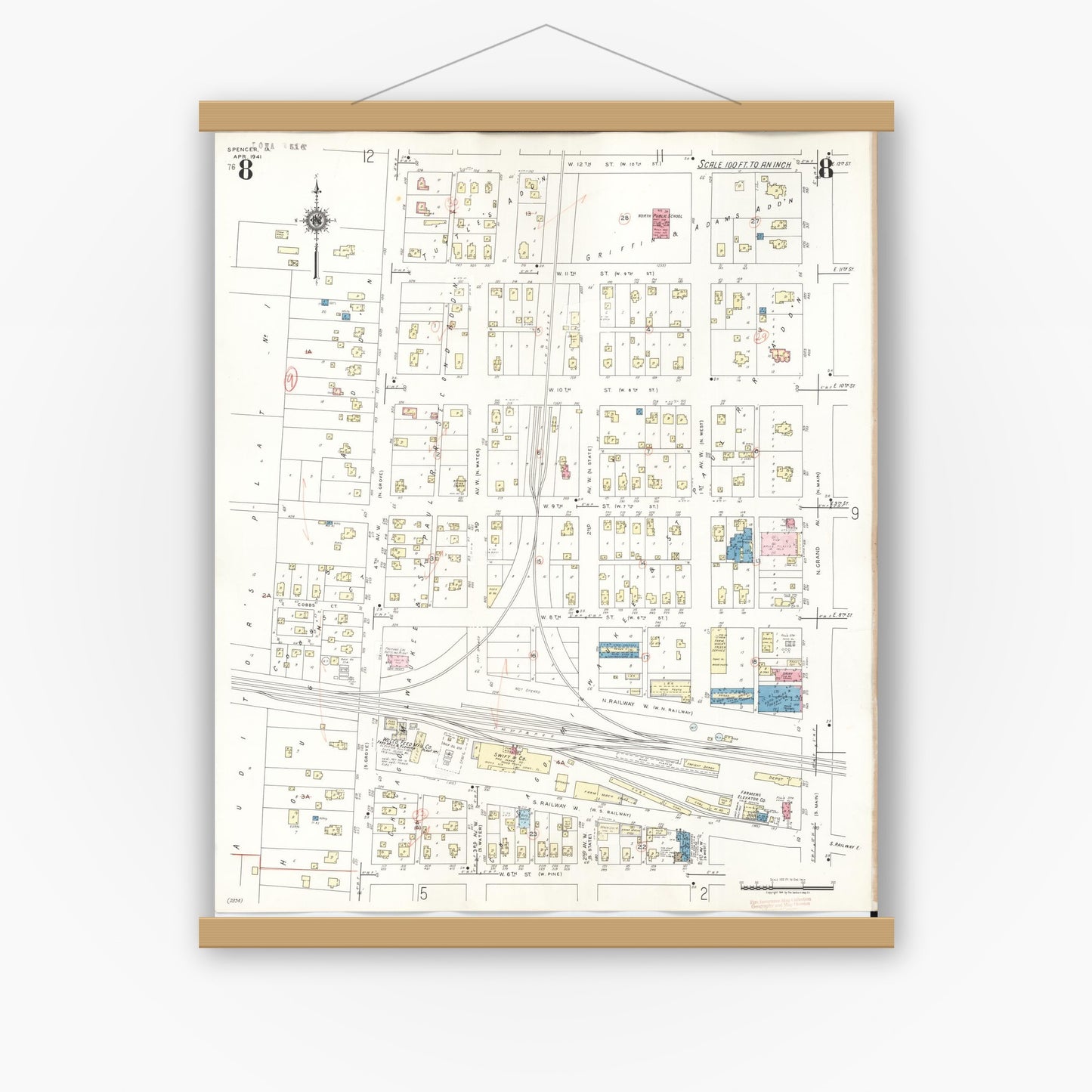 Old map wall art mockup — magnetic wood frame on white wall — Sanborn Fire Insurance Map from Spencer, Clay County, Iowa (1946), Sheet #0008