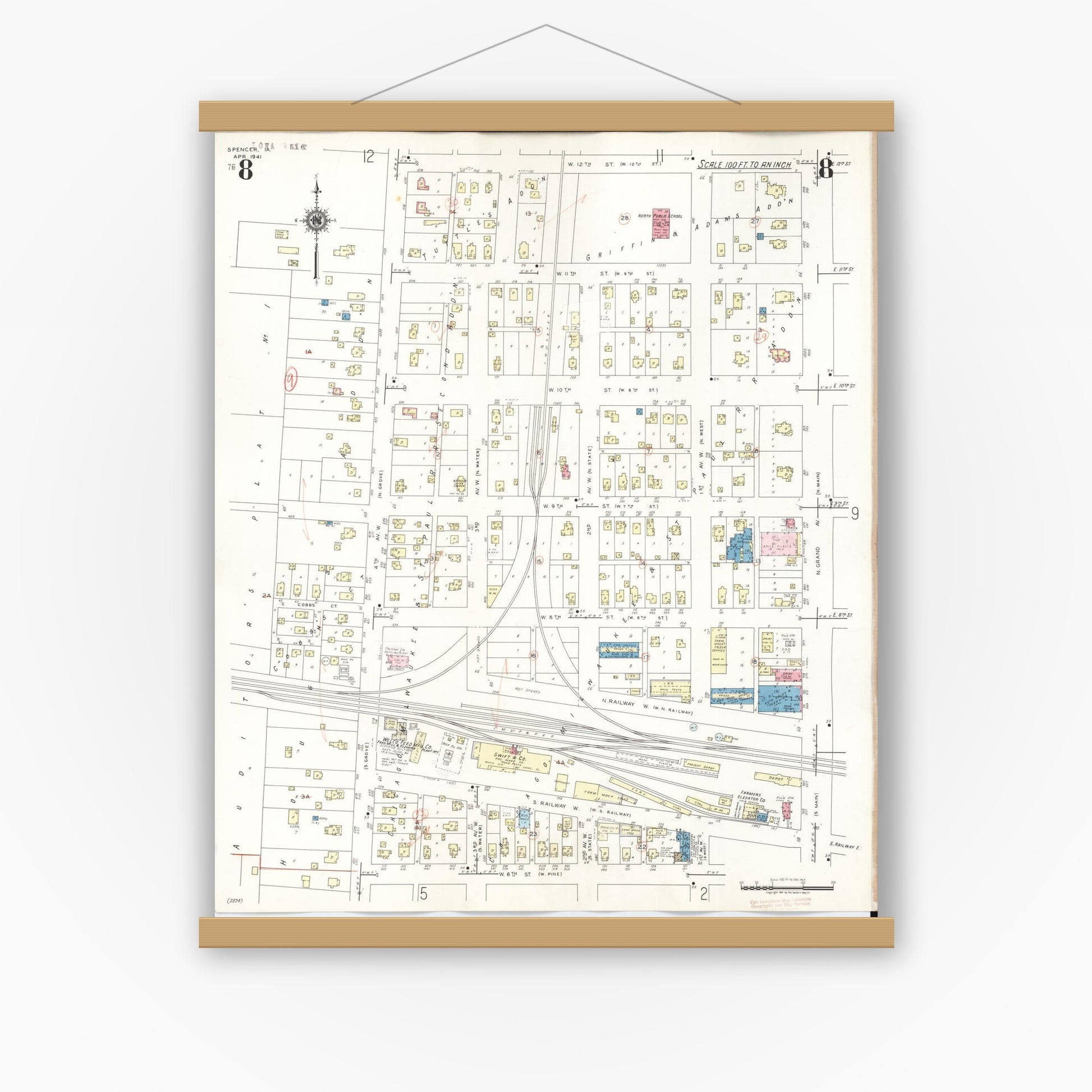 Old map wall art mockup — magnetic wood frame on white wall — Sanborn Fire Insurance Map from Spencer, Clay County, Iowa (1946), Sheet #0008