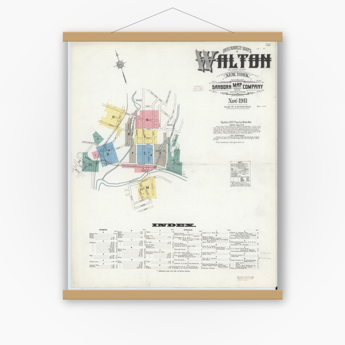 Old map wall art mockup — magnetic wood frame on white wall — Sanborn Fire Insurance Map from Walton, Delaware County, New York (1911), Sheet #0001