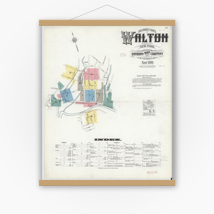 Old map wall art mockup — magnetic wood frame on white wall — Sanborn Fire Insurance Map from Walton, Delaware County, New York (1911), Sheet #0001